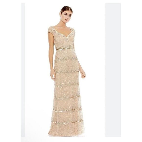 Mac Duggal Beaded Sheath Gold Sequin Evening Gown Maxi Dress Sz 14 NWT. $598 - Picture 2 of 9